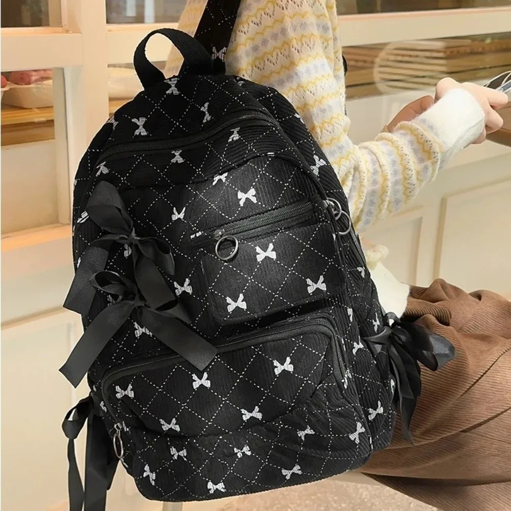 Fashion Corduroy Bow Schoolbag Large Capacity Ins Style Backpack Bag Bow Print Students Backpack Women