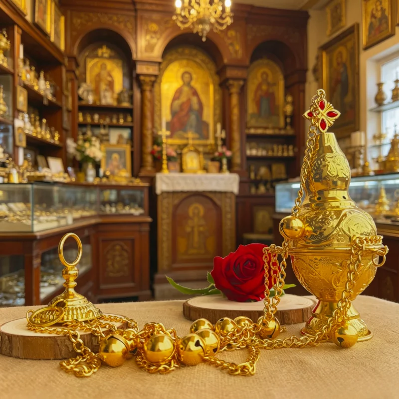 Gold Plated Embossed Orthodox Hanging Incense Censer Red Crystal Cross Top Bell Chain Church Liturgical Worship Ritual Decor Gif