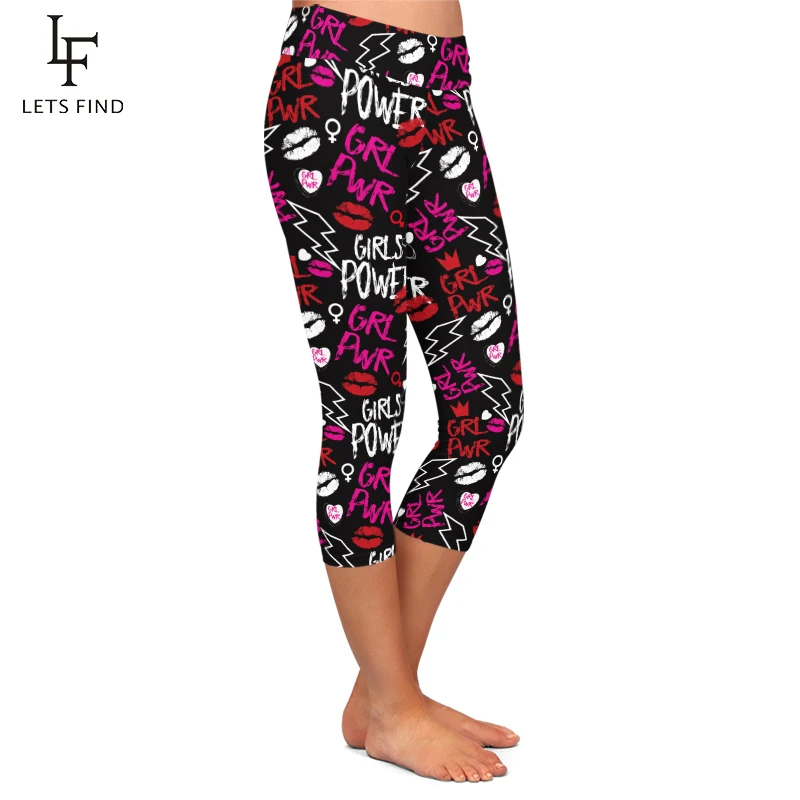 LETSFIND Summer New Women  Capri Leggings High Waist Letters and Lips Print Sexy Mid-Calf Stretch Leggings