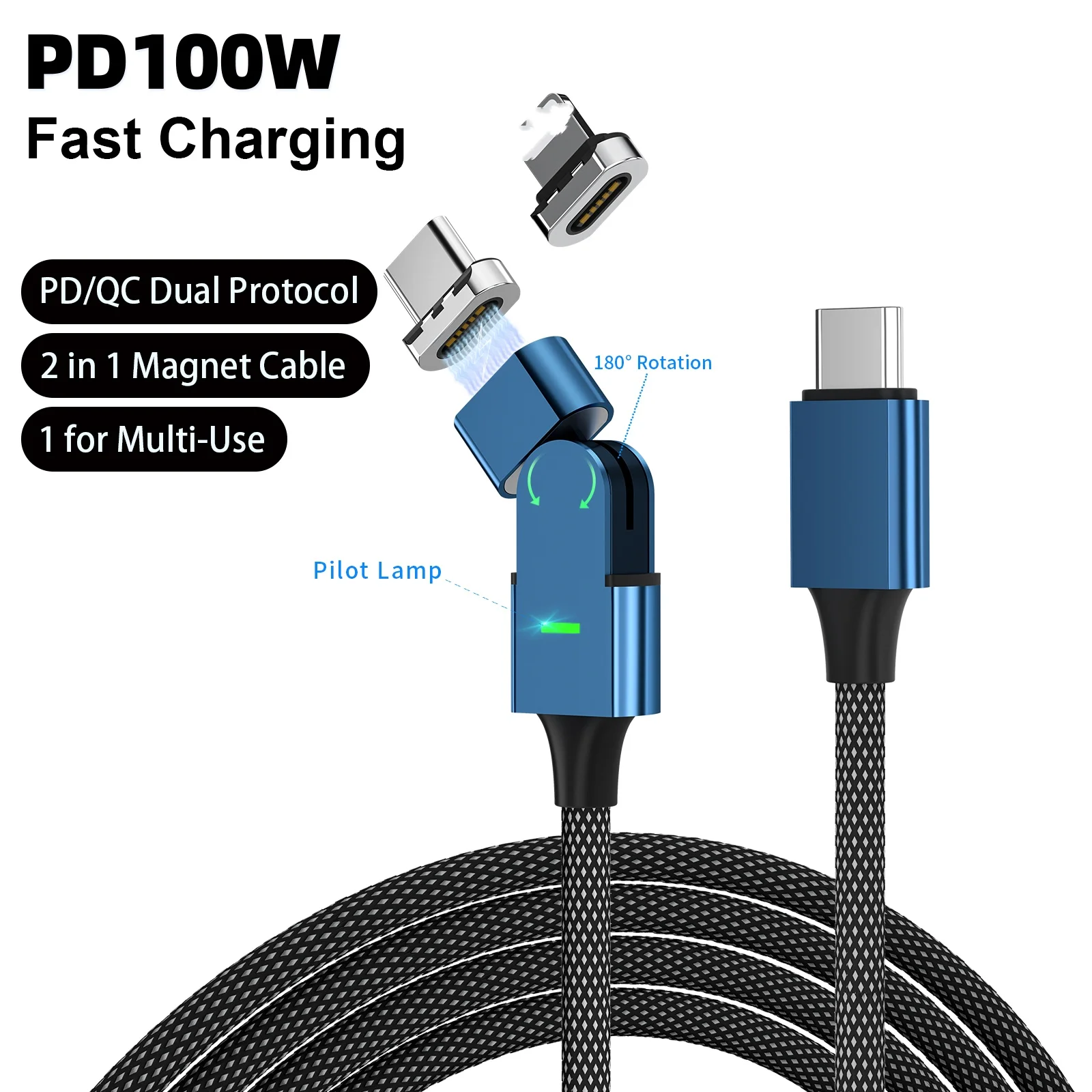 

Type C to lightning Magnetic Cable PD100W Fast Charging 180° Rotate Cable USB C Cable Type C to multi connector