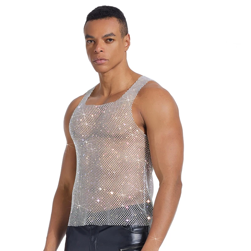 Herren-Tanktop mit glitzerndem Strass-Mesh, durchsichtig, ärmellos, Clubwear, Party-Weste, Herren-T-Shirts und Tanktops, майка мужская – Detail 8