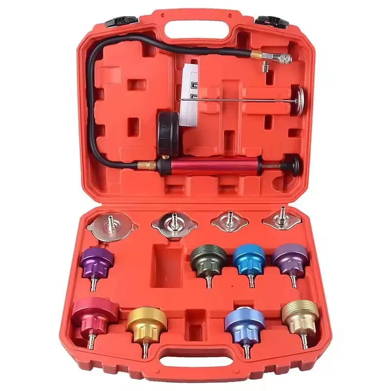 14PCS Automotive Cooling System Water Tank Leak Test Detector Set with Aluminum Hand Pump and Adapters