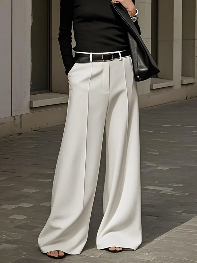UOOZEE Office Lady Black White Solid Color Wide Leg Pants 2025 New Elastic High Waist Urban Commute Simple Trousers No Belt