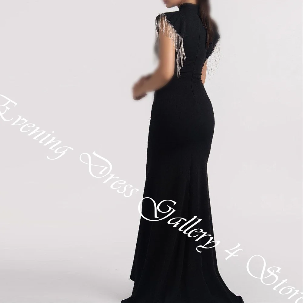 Customized Classic Tassel High Neckline Floor Length Straight Jersey Evening Dress Modern Sweep Train Sleeveless платье вечернее