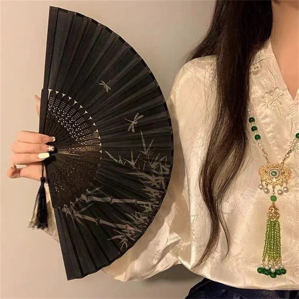 Retro Ink Orchid Silk Folding Fan New Chinese Style Ancient Lotus Hand Fans Close Friend Gift Classic Hanfu Decorated Crafts