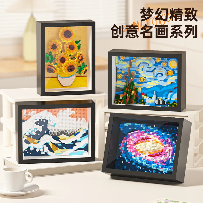 

Building Blocks 3D World Famous Painting Framed Van Gogh Starry Night Sunflower Great Wave Desktop Decor Handmade Home Gift