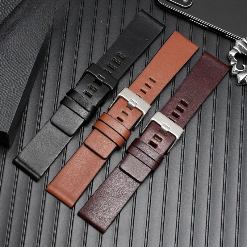 Cowhide Watchband for Men DIESEL Dz4346 Dz4357 Series Genuine Leather Anti-Allergy Needle Buckle 22 24 26 28 30mm Watch Strap image 4