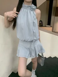 Korean Fashion Three-dimensional Flower Hanging Neck Dress Women Sleeveless Ribbon Hollow Out Waist Sweet Summer Chic Lady Wear