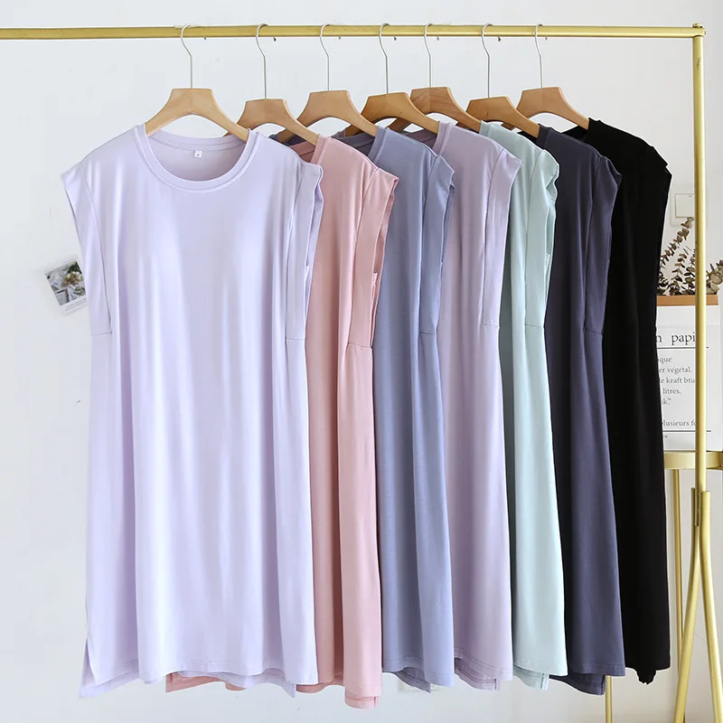 فستان نوم نسائي رفيع بدون أكمام من القطن المشروط مع وسادة صدر صيفية رفيعة وفضفاضة ورقبة دائرية فستان منزلي #2