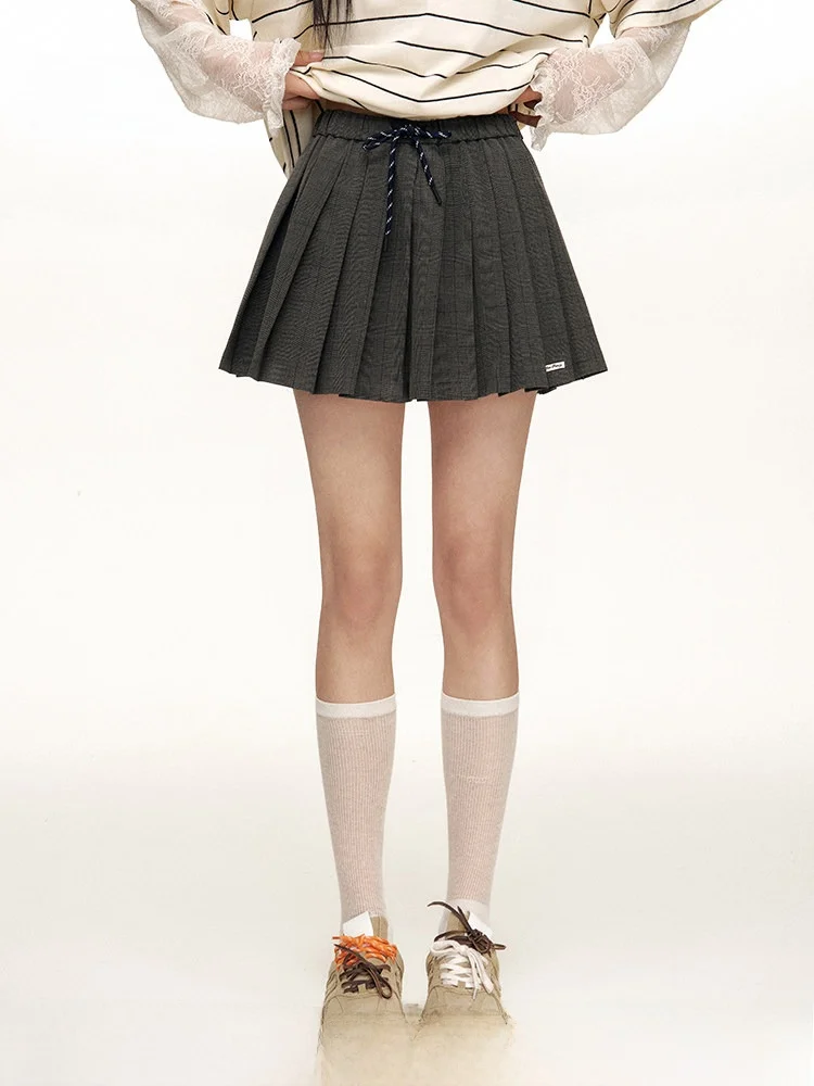 

Knowl Muse Heavy Embellied Pleated Color Blo Dstring Plaid Skirt Casual High Waist Polyester Blend Skirt