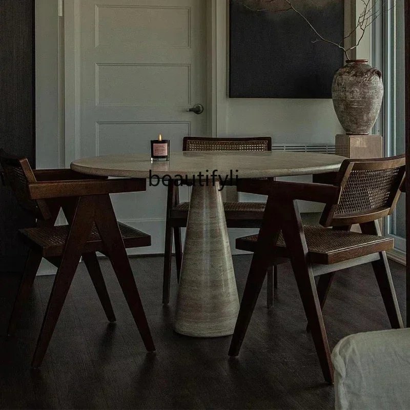 

A90 Medieval style natural marble dining table hotel wabi-sabi round cone travertine wabi-sabi