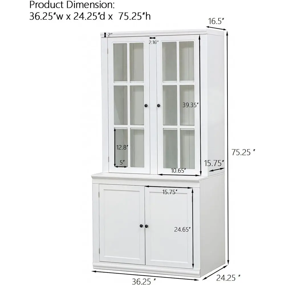 75 Tall White Glass Door Kitchen Pantry Cabinet with Shelves for Storage, Coffee Bar Hutch, Living Room, and Bar view 2
