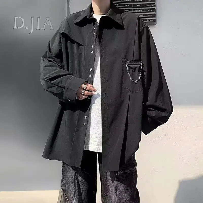 Trendy Brand Design Chain Men's 2024 Splicing Square Collar Button Pocket Fashion Solid Color Casual Loose Long Sleeve Shirts