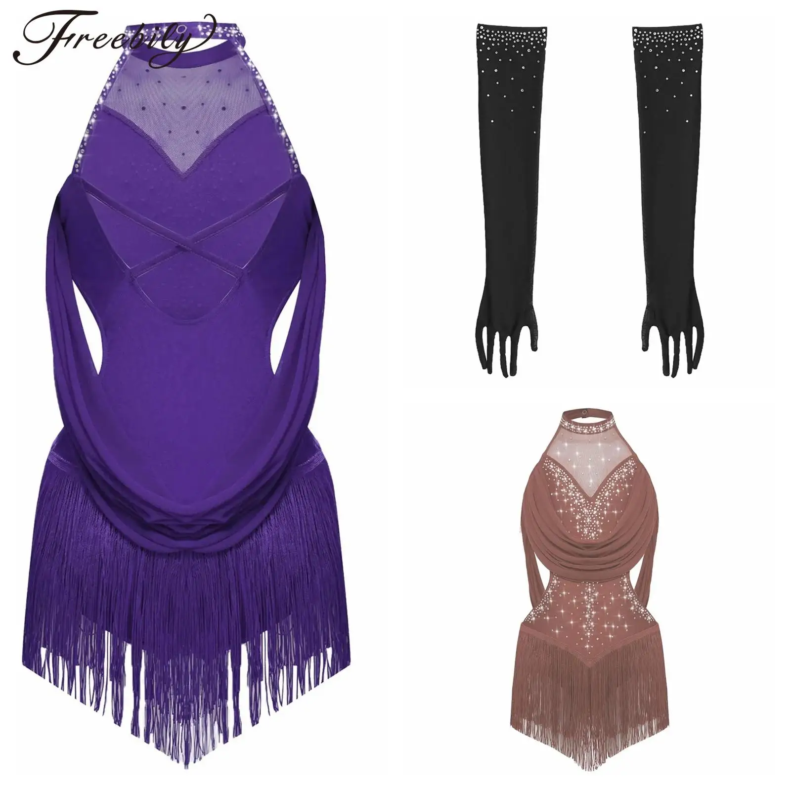 

Kids Girls Tassel Latin Dance Leotard Skirted Bodysuits + Gloves Modern Ballroom Dancing Cha-cha Performance Dancewear Costume