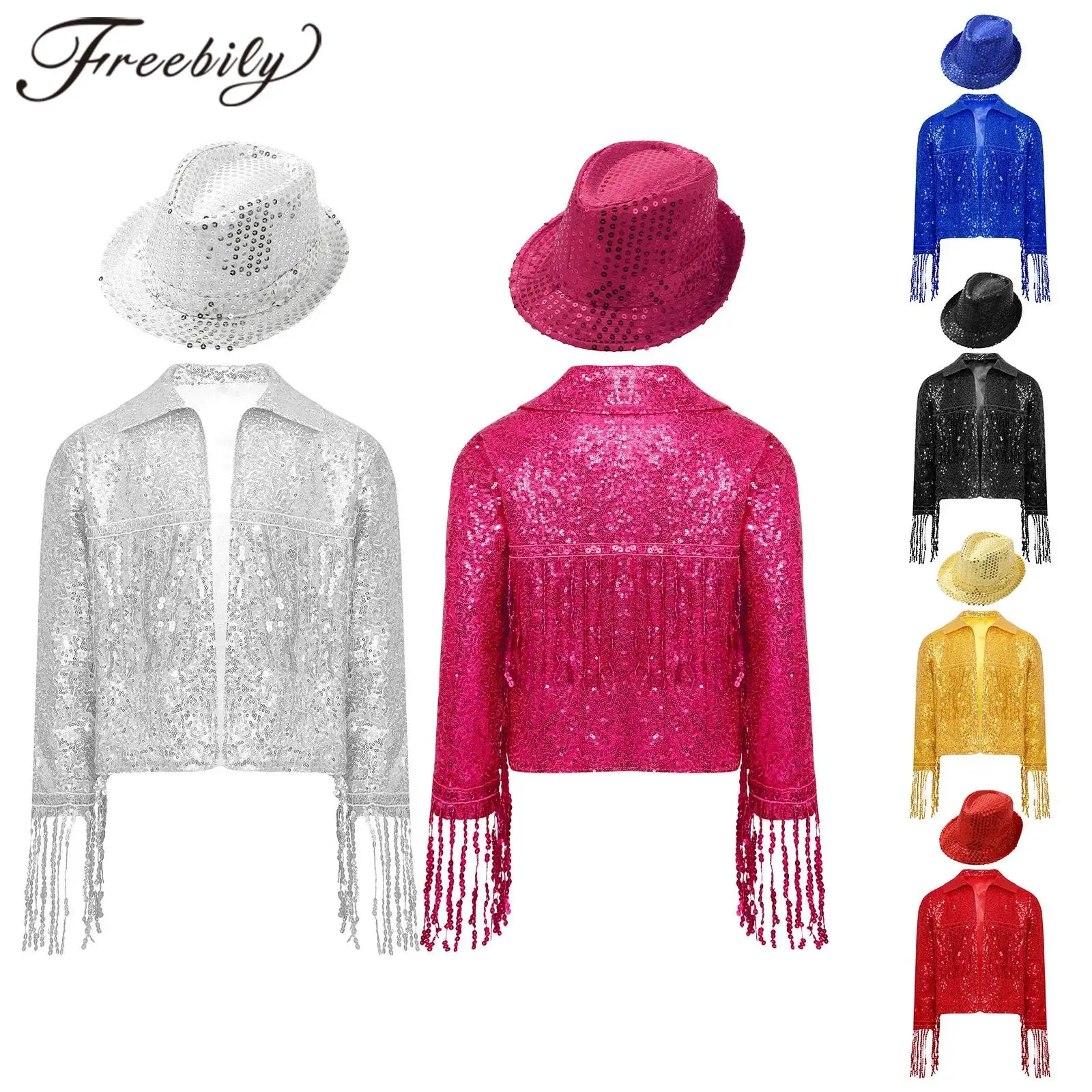 

Girl Sparkly Sequin Suits Jazz Dance Costume Childrens Tassel Streetwear Kids Magic Show Stage Performance Rave Party Outfit