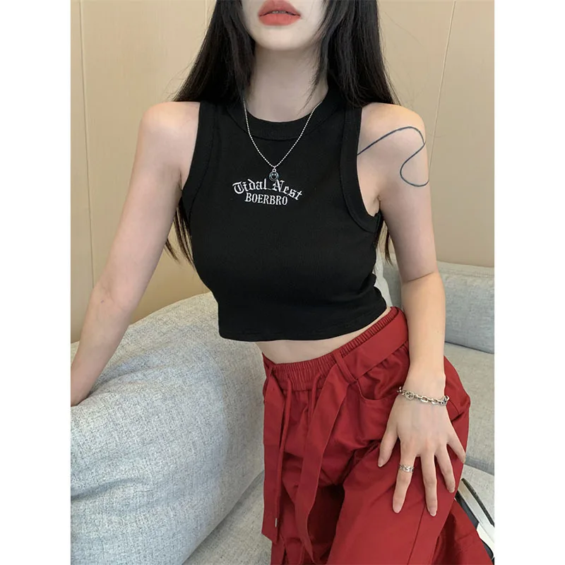 

Hot Girl Wear Black Sports Embroidered Strap Vest Women's Summer Short Inner Wear Knitted Bottoming Sleeveless Short Top