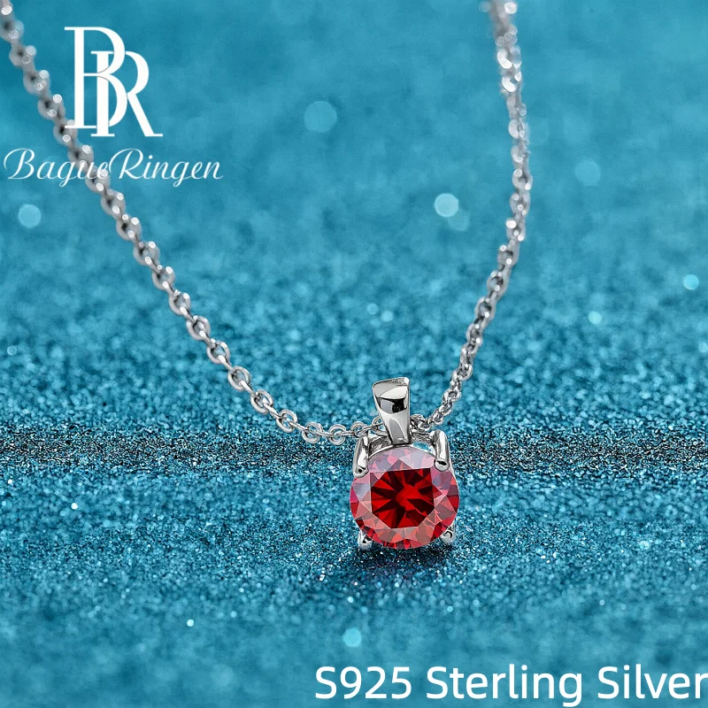 BR 1ct Round Moissanite Necklace S925 Silver White Gold Plated Four Prong Solitaire Multi Color Wedding Anniversary Jewelry Gift