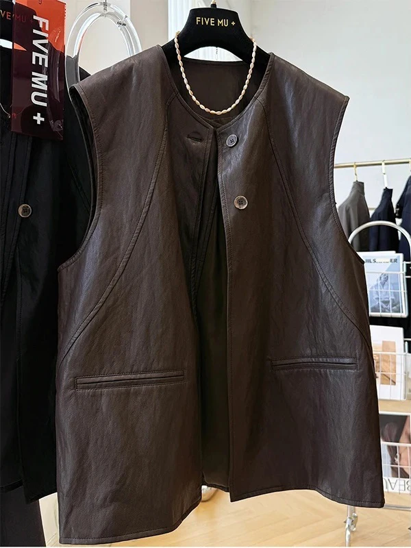 Kamizelka damska z ekoskóry PU w stylu retro, bardzo duża, luźna, z okrągłym dekoltem, z poduszkami na ramiona, płaszcz jesienno-zimowy, modny.