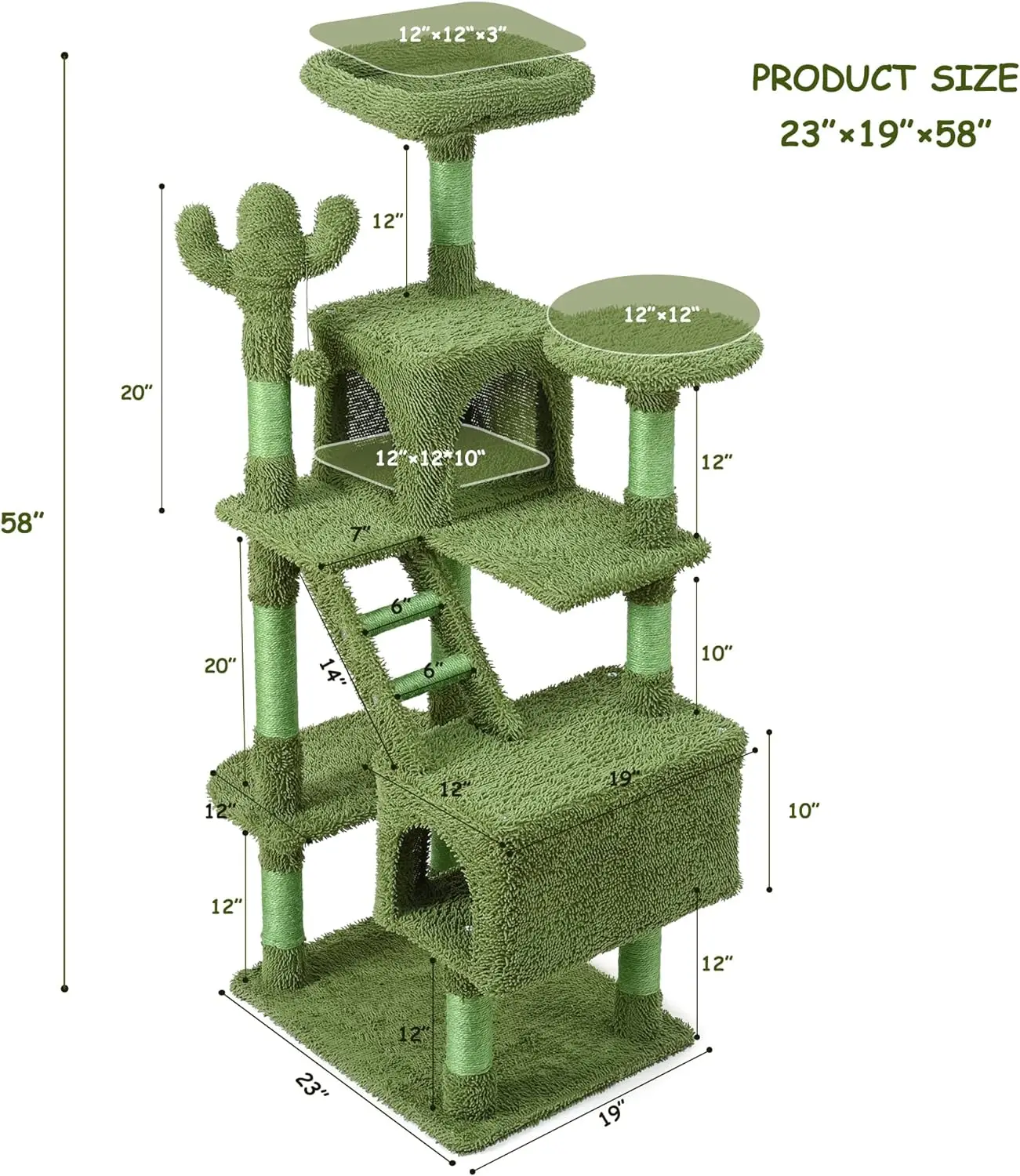 Imagem -06 - Mile High Life Multi-nível Cat Tree Condo Rede e Cactos Arranhões Postes para Grandes Gatos Altos 58