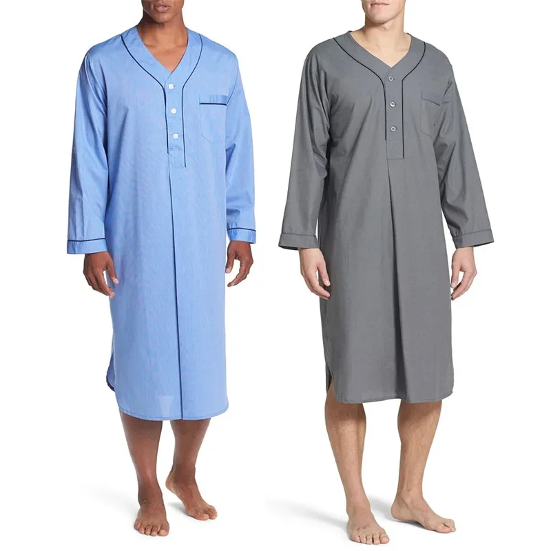 Mens Solid Color Robes Saudi Style Man Vintage Long Sleeve V Neck Muslim Arabic Islamic Clothing Nightgown