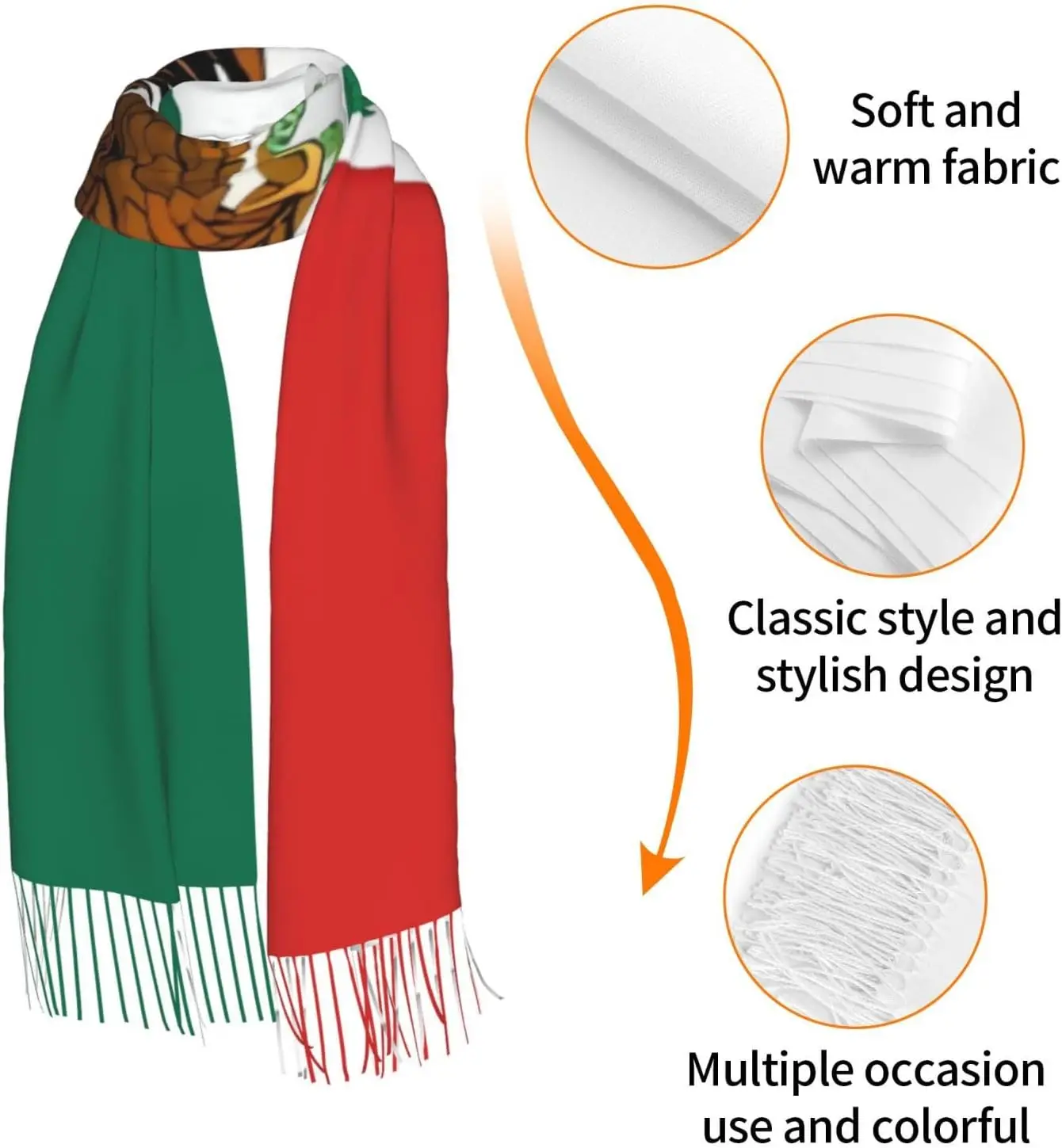 여성용 스카프 가볍고 부드러운 스카프 멕시코 국기 숄 겨울 따뜻한 프린지 스카프