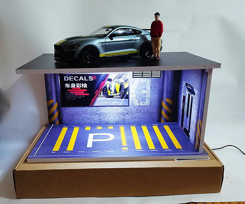 Diorama-Garagen-Vitrine im Maßstab 1:18, LED-Licht-Simulations-Parkplatz-Szenenmodell, staubdichte Ausstellungsbox für die Sammlung von Druckgussautos – Detail 1