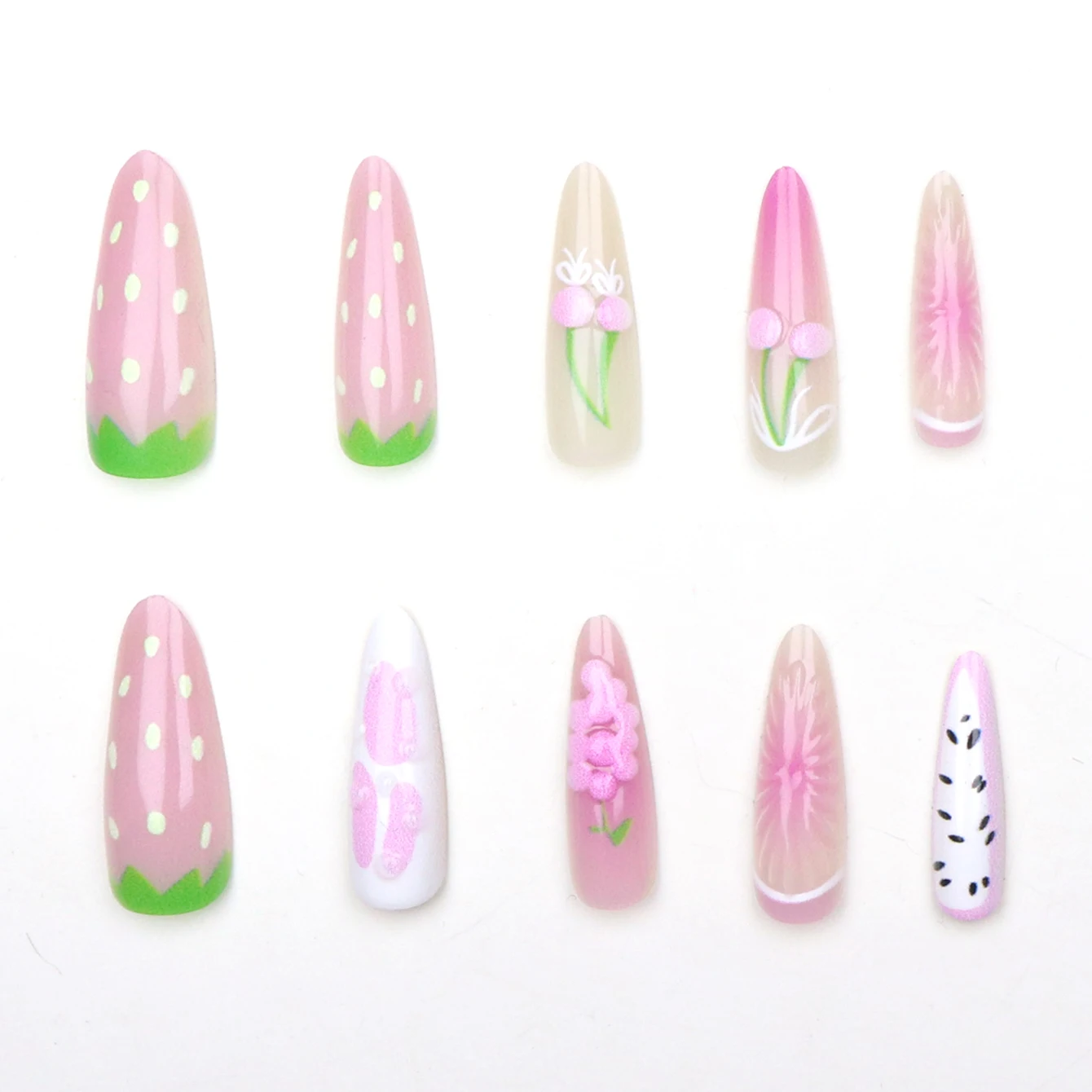 Faux ongles en forme d'amande moyenne avec de Fruits, 10 pièces, pour rendre vos doigts, look élégant, lime à ongles et 1 Kit d'autocollants de colle pour ongles