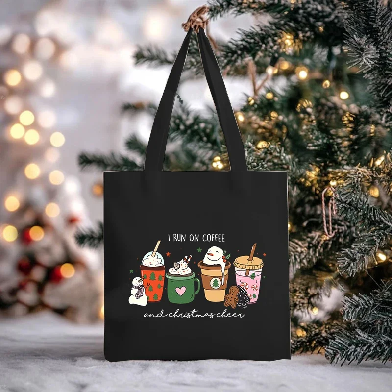 Christmas Tree Tis The Season Women\'s Handbags Xmas Gift Milk Tea Santa\'s Hat Printed Fashion Shopping Bag Portable Shoulder Bag