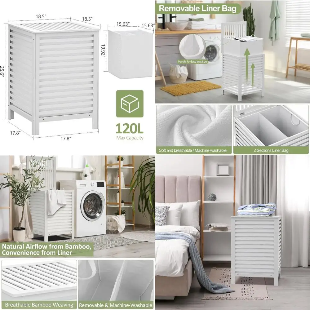 

Большая корзина для белья на 120 л с двумя отделениями и съемным вкладышем, 2-секционный сортировщик для одежды, идеально подходит для спальни, ванной комнаты, прачечной.