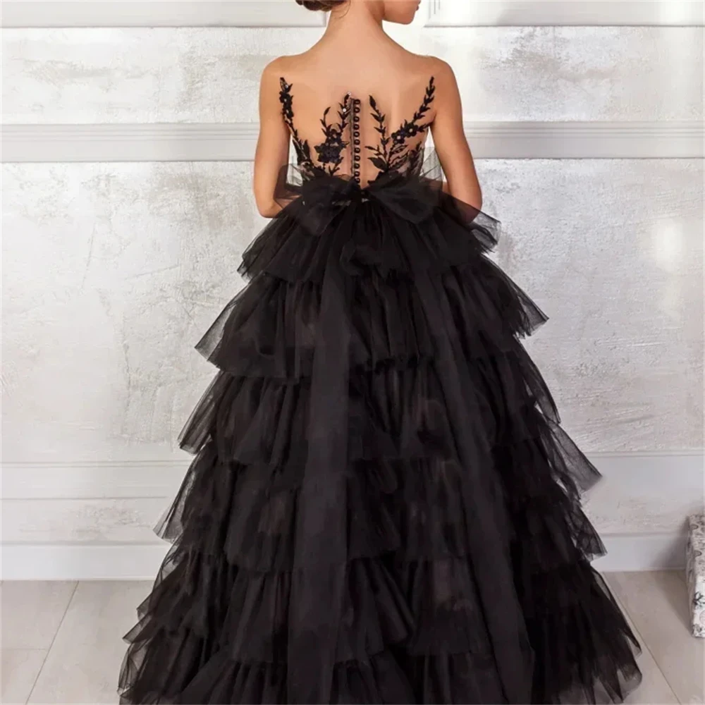 

Customized Black Flower Girl Dress for Wedding Appliques Sleeveless High Waist Floor Length Kids Birthday First Communion Gown