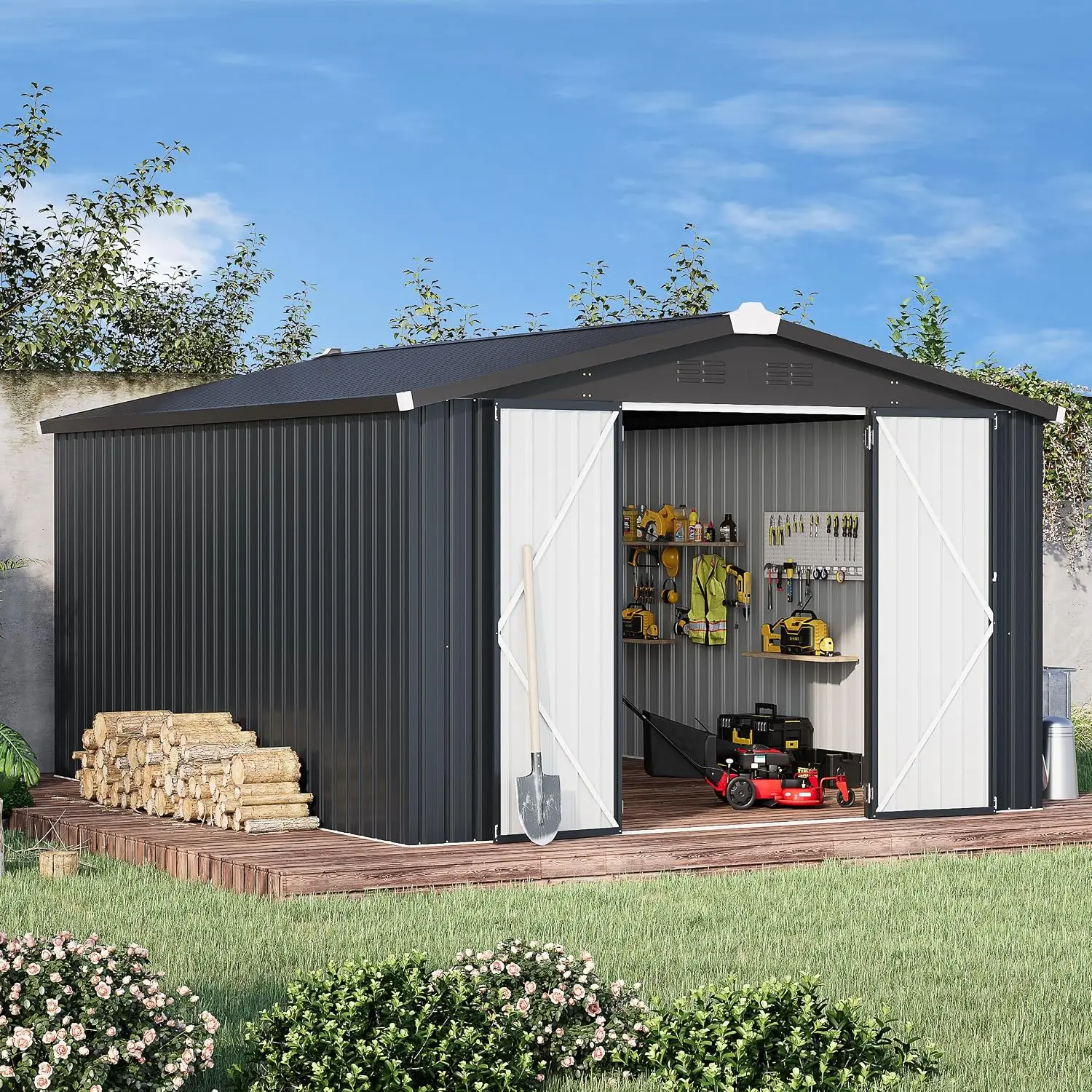 10' x 14' Metal Outdoor Storage Shed, Heavy Duty Large Waterproof Garden Tool Shed with Lockable Wide Double Doors,, Customized