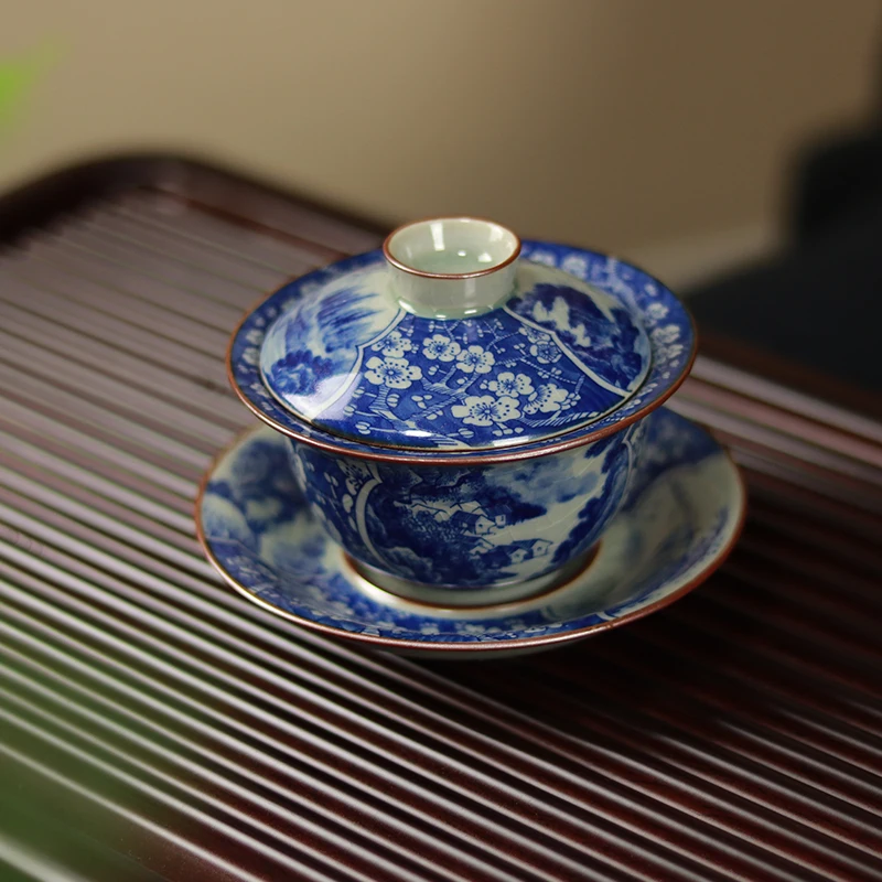 Jingdezhen Old Clay Gaiwan Ceramic Household Vintage Blue and White Porcelain Teacup Large Tea Bowl Gracked Glaze Supportable