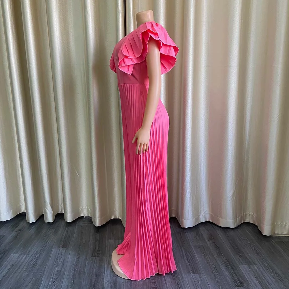 Elegant Pleated Jumpsuits & Rompers for Women V Neck Ruffles Sleeve High Waisted Floor Length Luxury Birthday Party Dinner Cloth