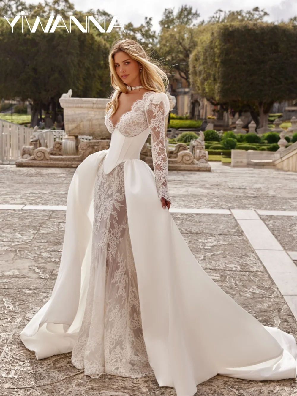 

Satin Detachable Train Lace Wedding Dress Illusion Deep Vneck Bridal Gown Customized Shinny Mermaid Long Dresses For Bride