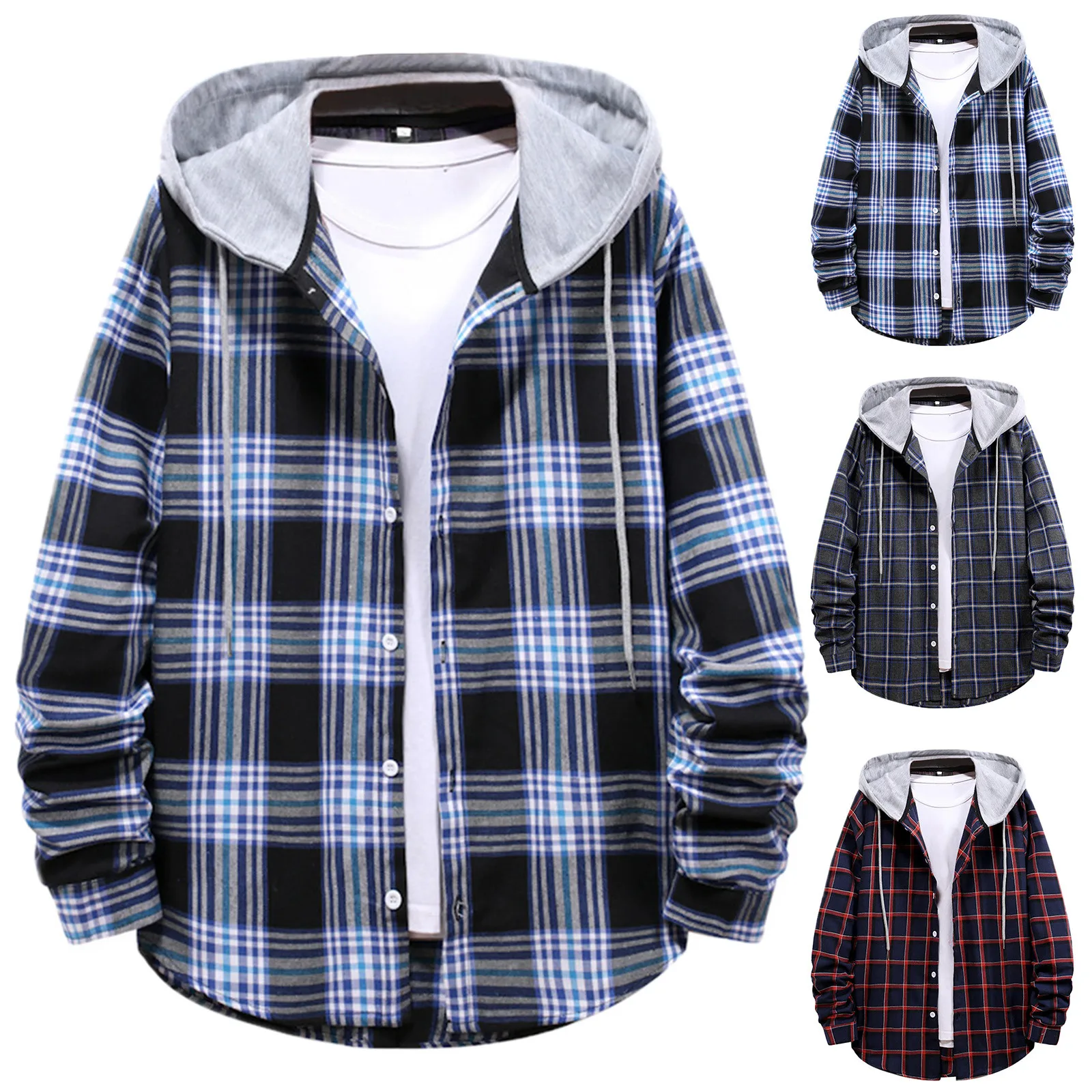 

Men Casual Plaid Print Shirt Hooded Oversized Casual Men'S Clothes European American Style Handsome Male Holiday Jackets Blusas