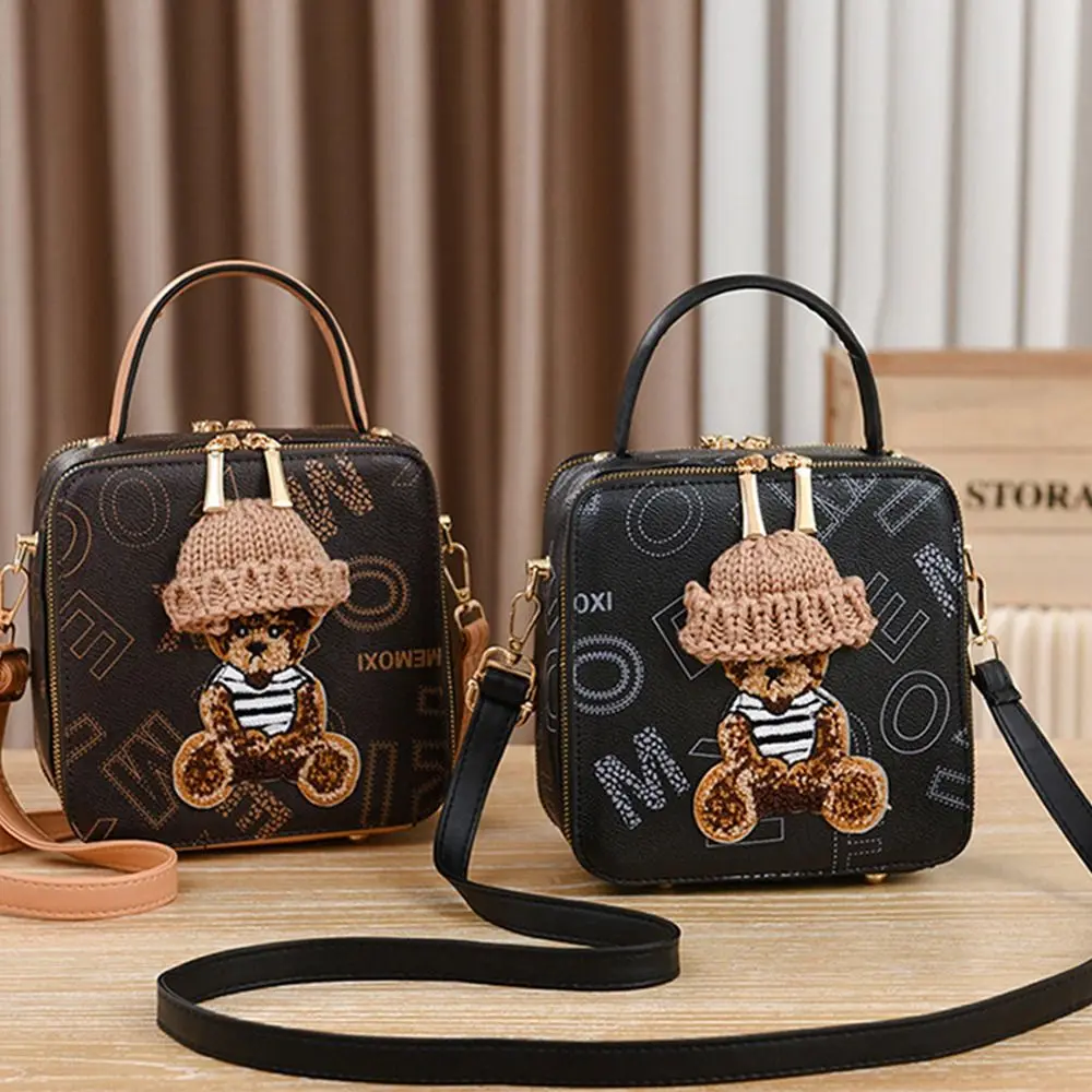 

PU Leather Shoulder Bags Messenger Bag Women Small Square Bag Crossbody Bag Female Simple Cartoon Bear Handbags Pouch