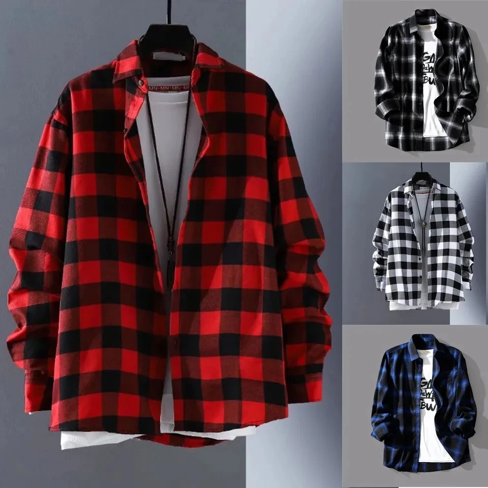 

Spring New Men's Long Sleeved Plaid Shirt Harajuku Single Breasted Lapel Male Top Trendy Classic Checkered Shirts Men Clothing
