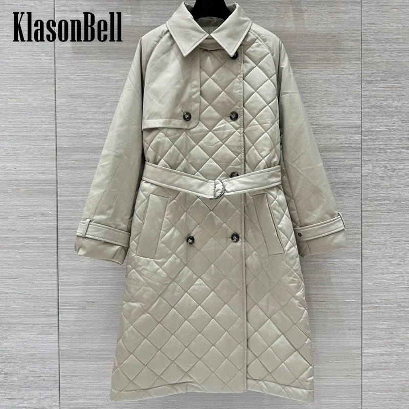 

8.11 KlasonBell Women British Style Bead Chain Argyle Plaid Quilted Keep Warm Parkas Lapel Double Breasted Sashes Long Coat