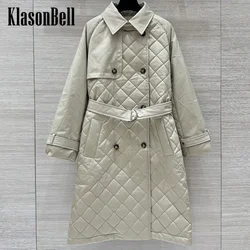 8.11 KlasonBell Women British Style Bead Chain Argyle Plaid Quilted Keep Warm Parkas Lapel Double Breasted Sashes Long Coat