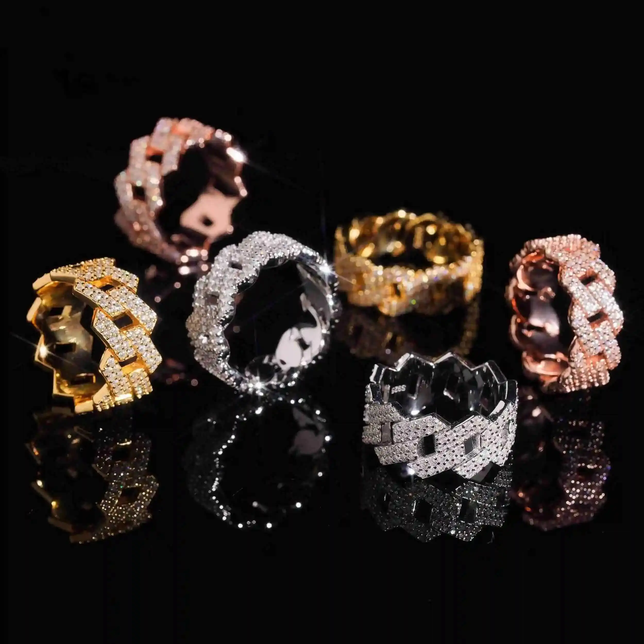 

RTS Hip Hop Design 925 Sterling Silver Rhodium Plated Cuban Rings Iced Out Rose Gold VVS Moissanite GRA Certified Prong Set Ring