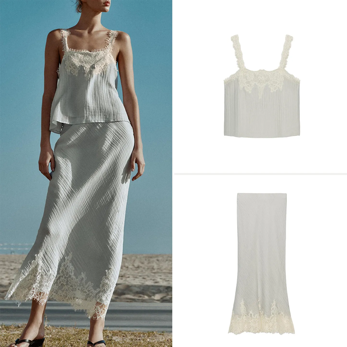 ZADATA Women's 2026 New Straight Collar Lace Pleated Effect Strap Top Half Skirt Set Fashionable Ensemble without Sleeve