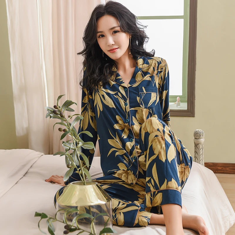 Set piyama motif bunga elegan, setelan piyama Modal wanita ukuran besar, pakaian tidur santai lengan panjang semua musim