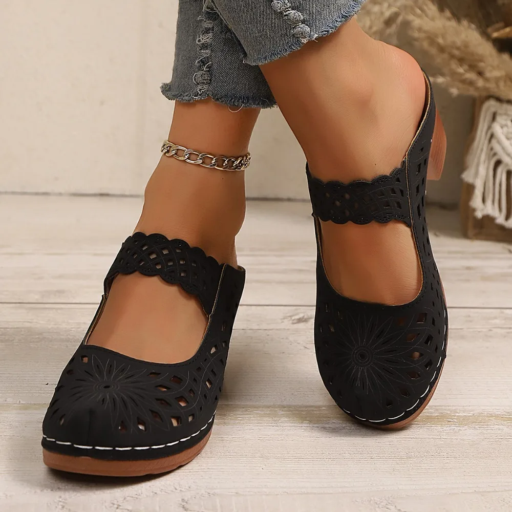 Women Hollow Cutout Mules Chunky Block Heel Sandals Closed Round Toe Slip on Ladies Breathable Vintage Casual Dress Shoes