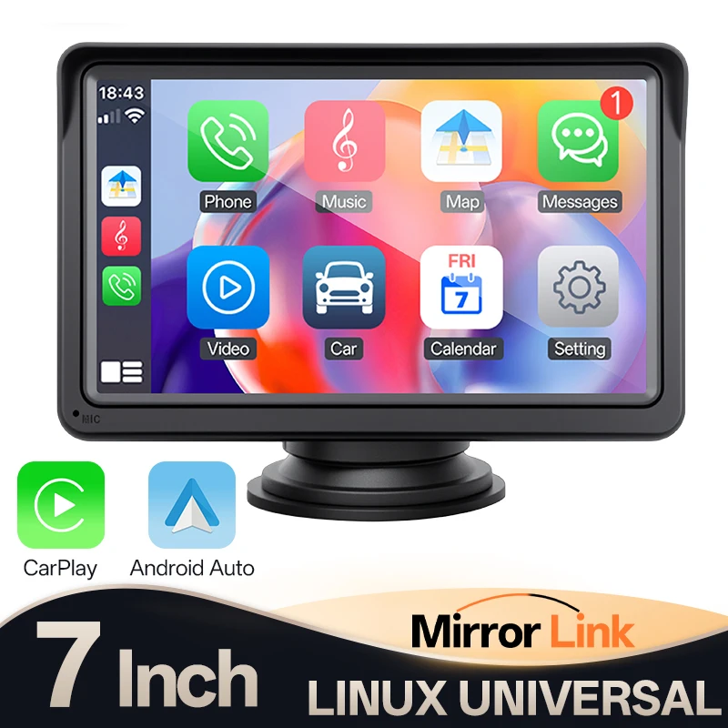 Hippcron 7inch Car Monitor Radio Multimedia Bluetooth Video Portable Player Universal Wireless CarPlay Android Auto With USB AUX