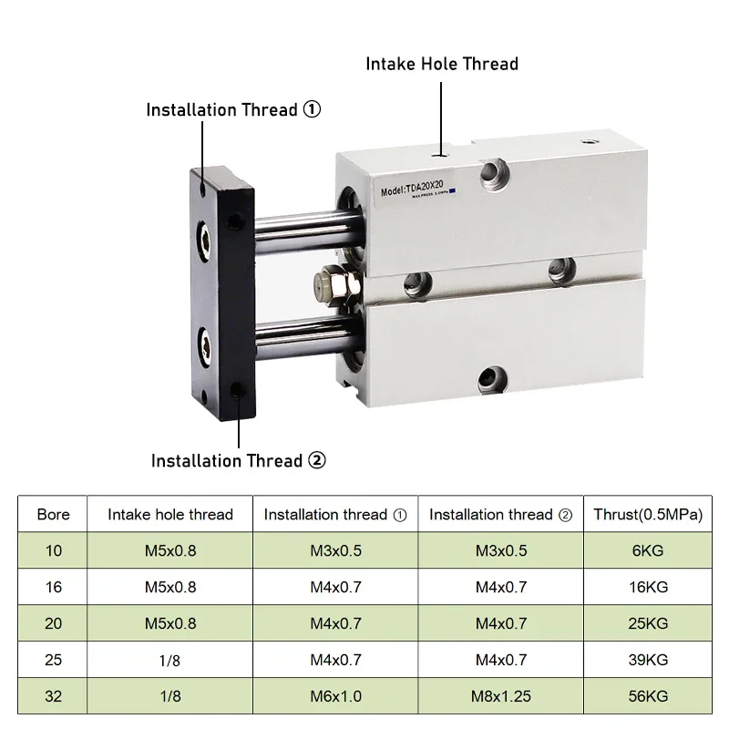 Double Rod TN Type Pneumatic Cylinde Air Bore 10mm 16mm 20mm 25mm 32 Small Aluminum Alloy Stroke 30 35 40 45 50 60 70 75mm