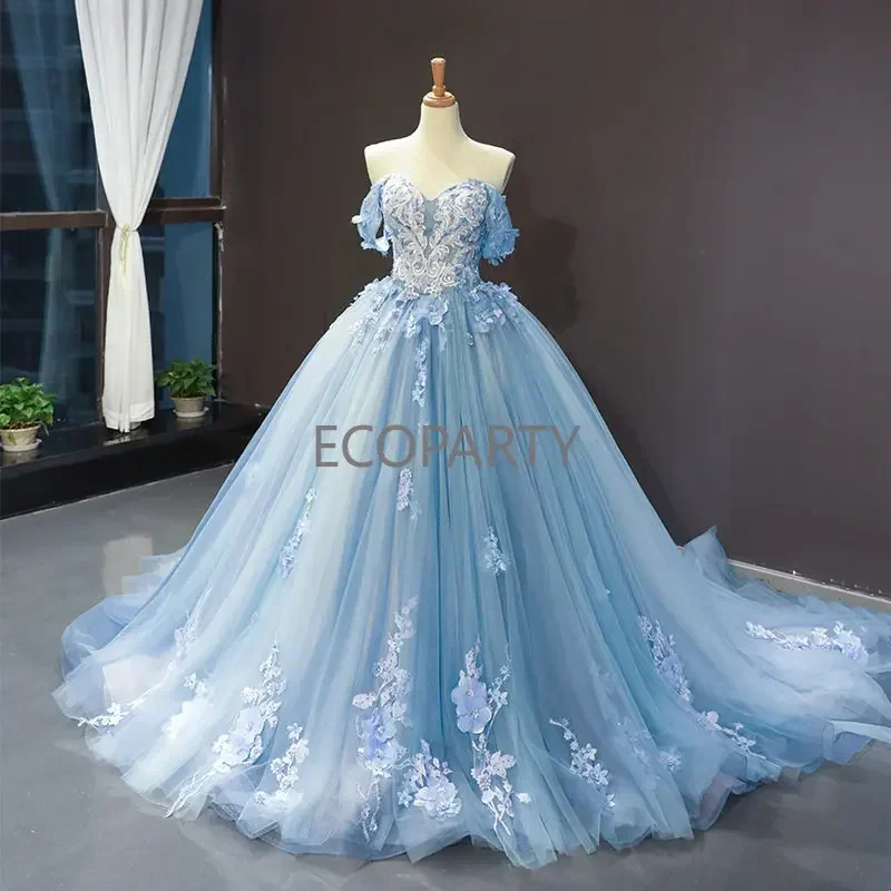 2024 Princess Ball Gown Off- Shoulder Cinderella Blue Wedding Dress Bridal with Corset Back Dresses for Women Evening Dresses