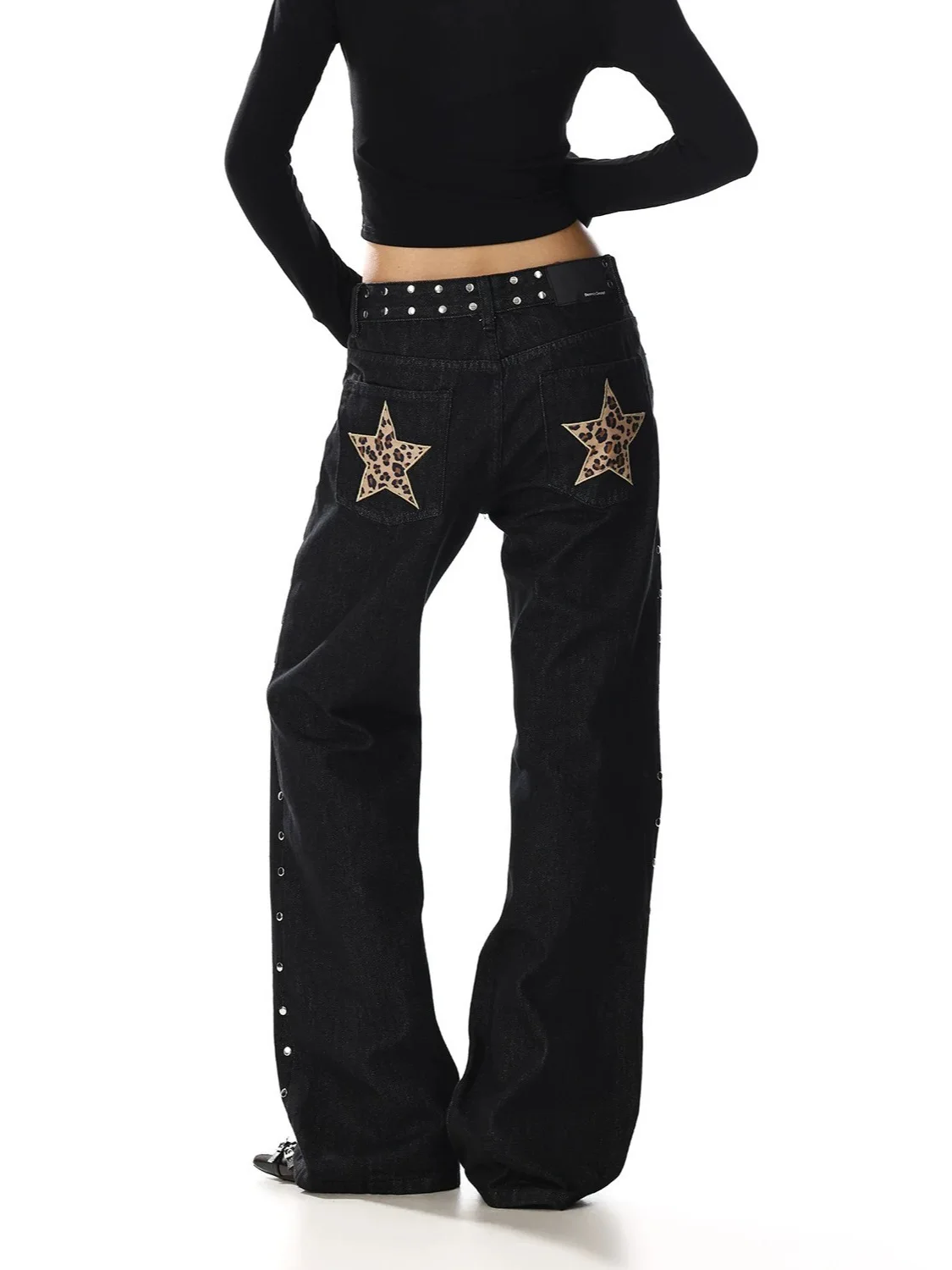 American Retro Rivet Design Jeans Autumn Fashion Street Style Women's Leopard Print Pocket Splicing Straight Leg Denim Pants