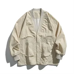 Retro Japan Style Solid Color V-Neck Stand Collar Casual Jacket Raglan Sleeves Workwear Men Loose Coat