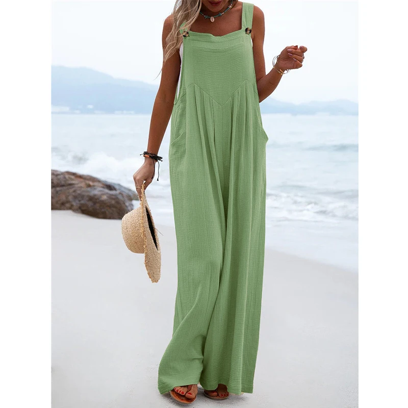 2023 Summer Vintage Holiday Beach Sleeveless Button Strap Wide Leg Overalls Jumpsuit Casual Solid Loose Pockets Rompers Outfits