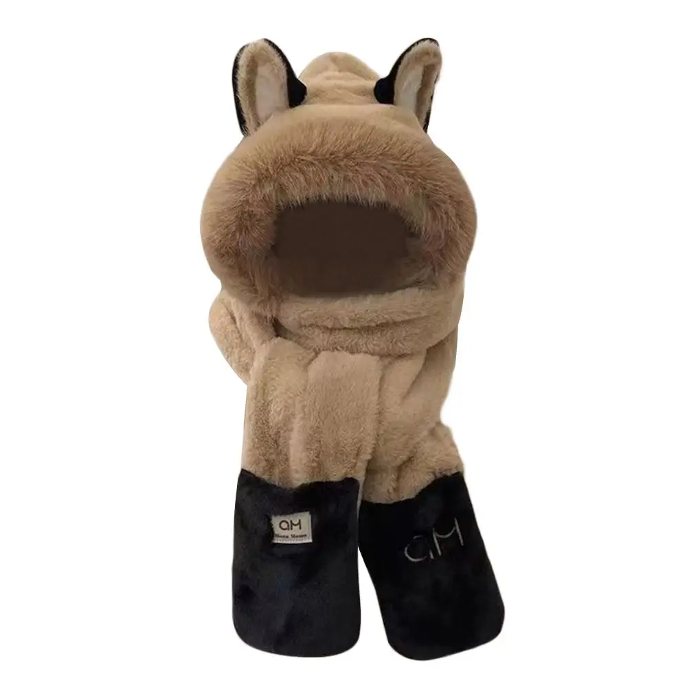 Conjunto de três peças de cachecol peludo e luvas para mulheres, gorros espessados, proteção de ouvido, boné Fox, quente para menina doce